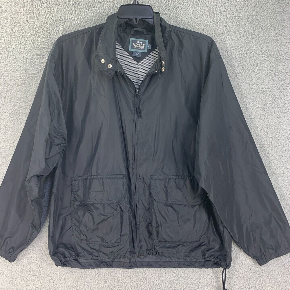Vtg Woolrich Mens Jacket Windbreaker Sz L Black Hooded Zip Pockets Packable